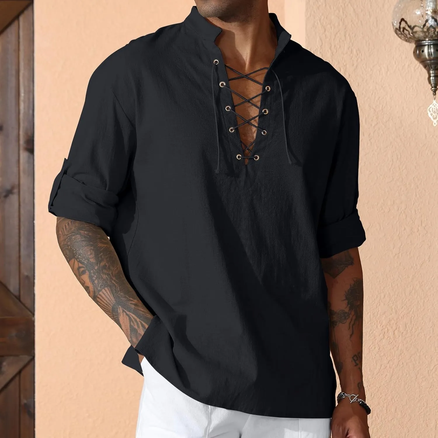 Men's Cotton Linen Shirt Drawstring Arm Banded Tops Medieval Viking Pirate Renaissance Halloween Costume