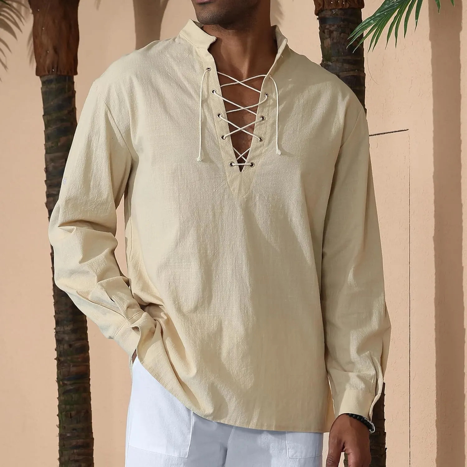 Men's Cotton Linen Shirt Drawstring Arm Banded Tops Medieval Viking Pirate Renaissance Halloween Costume