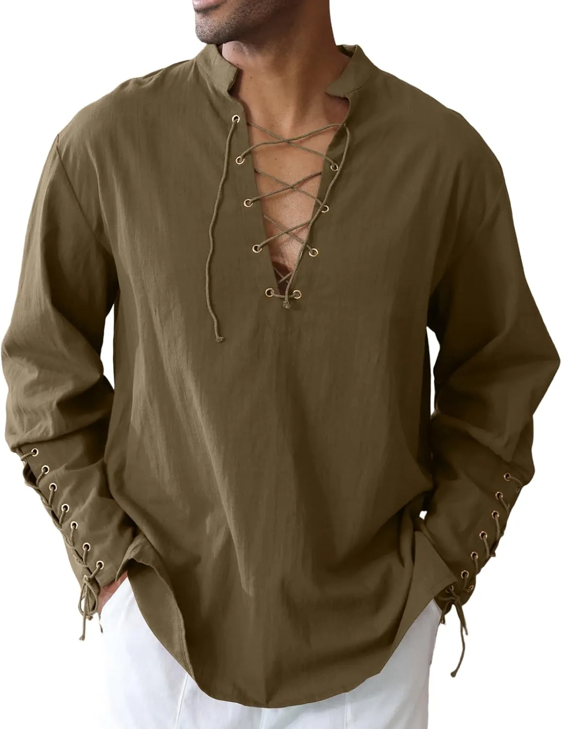 Men's Cotton Linen Shirt Drawstring Arm Banded Tops Medieval Viking Pirate Renaissance Halloween Costume