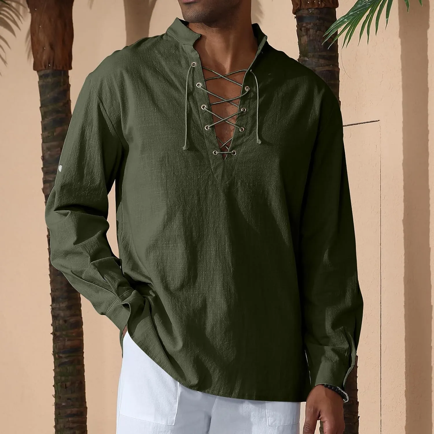 Men's Cotton Linen Shirt Drawstring Arm Banded Tops Medieval Viking Pirate Renaissance Halloween Costume