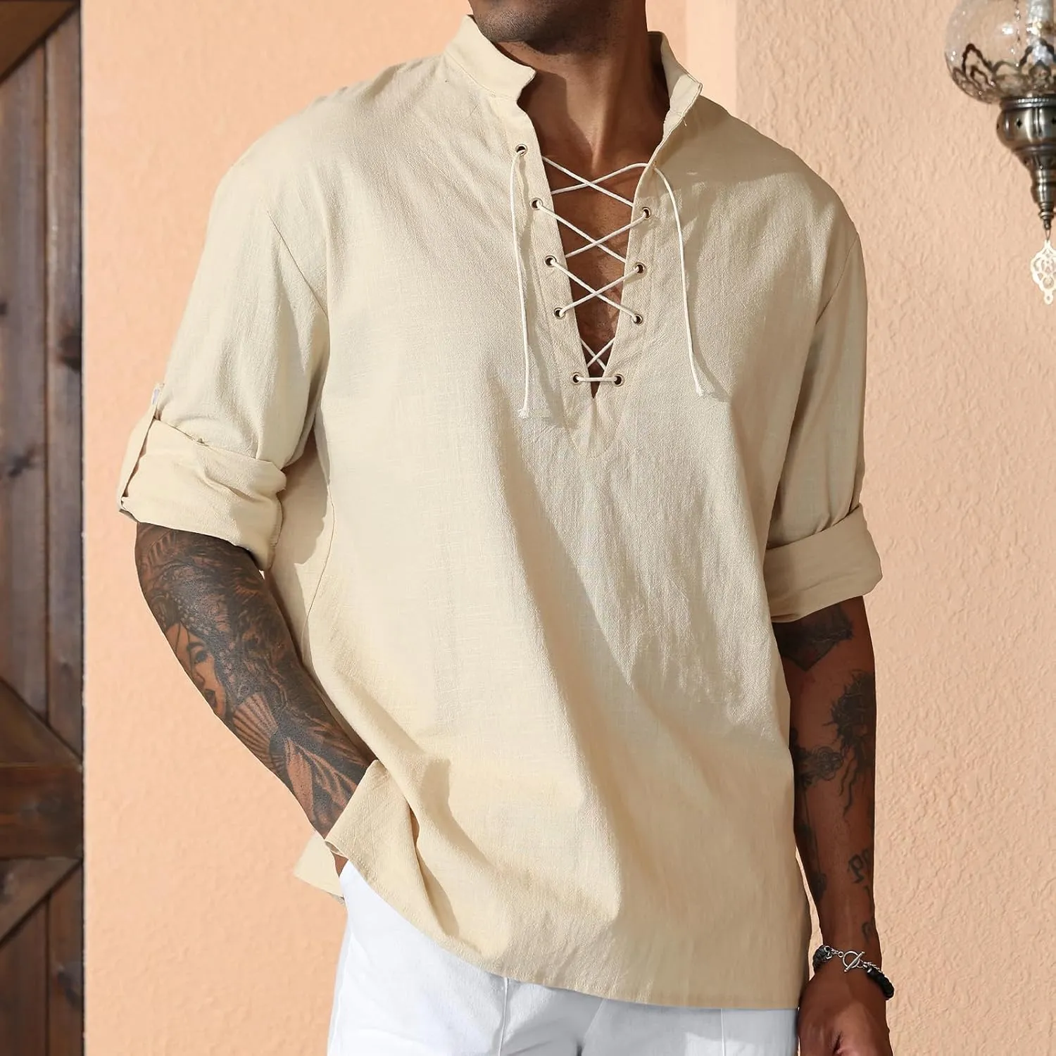 Men's Cotton Linen Shirt Drawstring Arm Banded Tops Medieval Viking Pirate Renaissance Halloween Costume