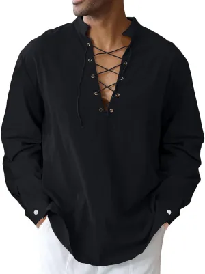 Men's Cotton Linen Shirt Drawstring Arm Banded Tops Medieval Viking Pirate Renaissance Halloween Costume