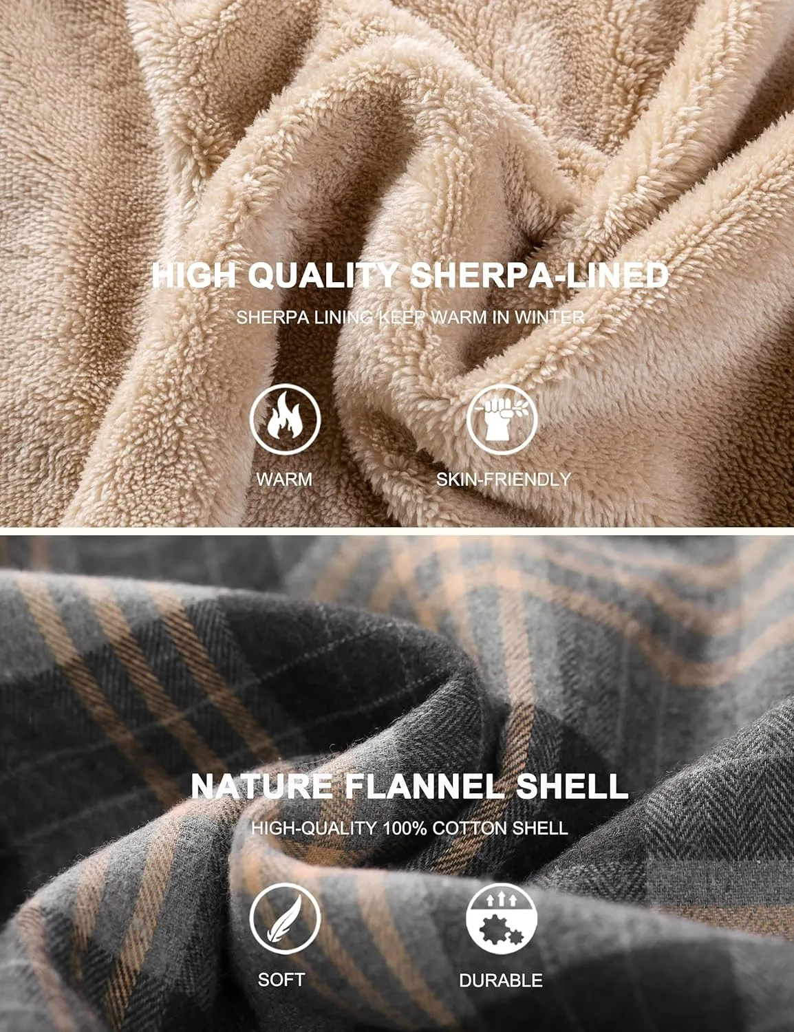 Men's Cotton Plaid Long Sleeve Shirts Jacket Fleece Lined Flannel Shirts Sherpa Button Down Coat with Hood