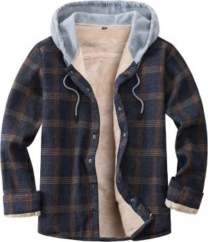 Men's Cotton Plaid Long Sleeve Shirts Jacket Fleece Lined Flannel Shirts Sherpa Button Down Coat with Hood