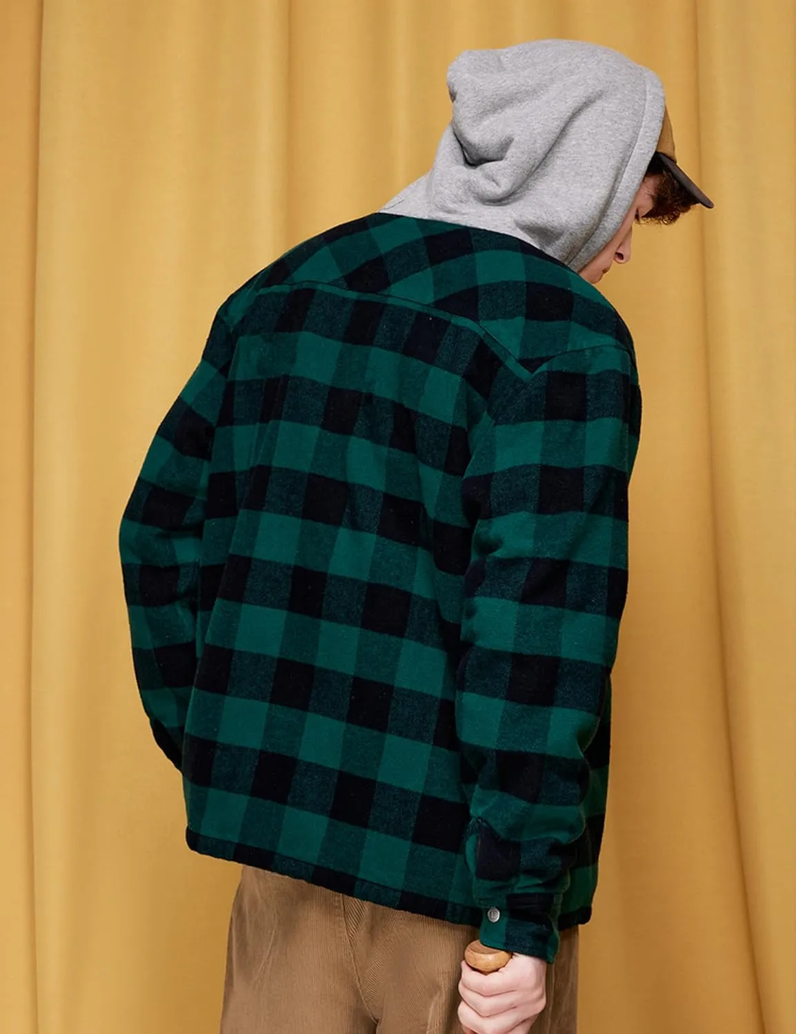 Men's Cotton Plaid Long Sleeve Shirts Jacket Fleece Lined Flannel Shirts Sherpa Button Down Coat with Hood