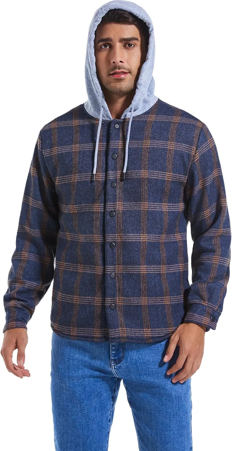 Men's Cotton Plaid Long Sleeve Shirts Jacket Fleece Lined Flannel Shirts Sherpa Button Down Coat with Hood