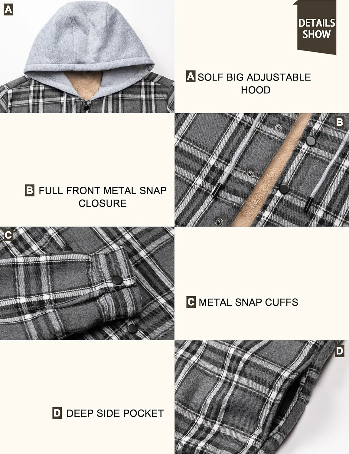 Men's Cotton Plaid Long Sleeve Shirts Jacket Fleece Lined Flannel Shirts Sherpa Button Down Coat with Hood