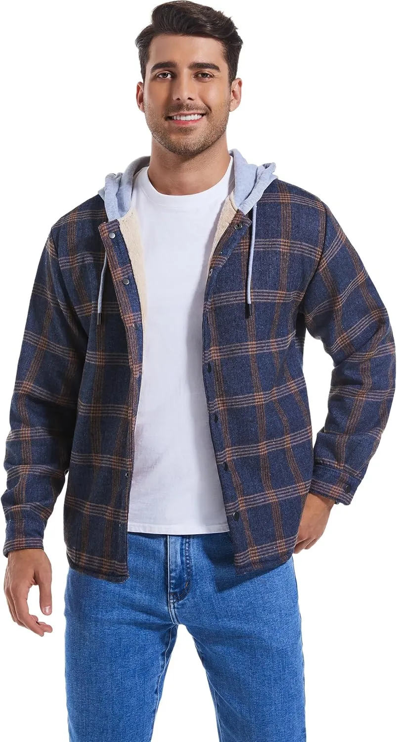 Men's Cotton Plaid Long Sleeve Shirts Jacket Fleece Lined Flannel Shirts Sherpa Button Down Coat with Hood