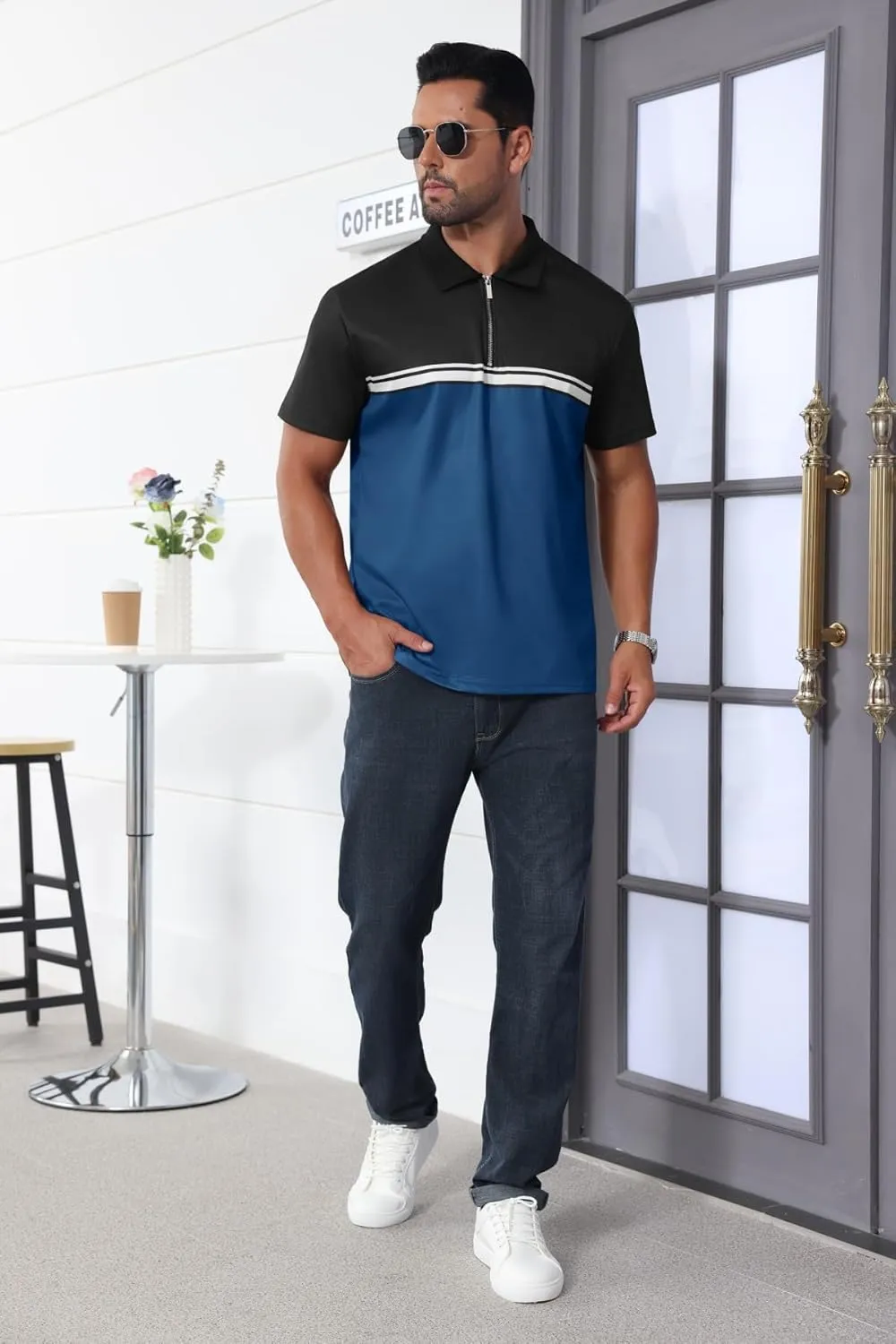 Mens Fashion Color Block Polo Shirts Casual Short Sleeve T Shirt Striped Moisture Wicking Golf Shirts Tops