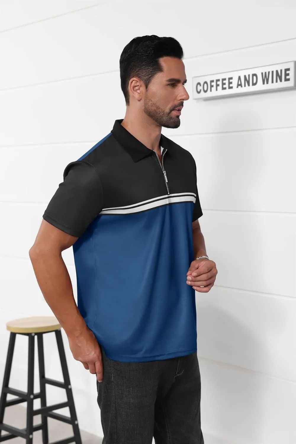 Mens Fashion Color Block Polo Shirts Casual Short Sleeve T Shirt Striped Moisture Wicking Golf Shirts Tops