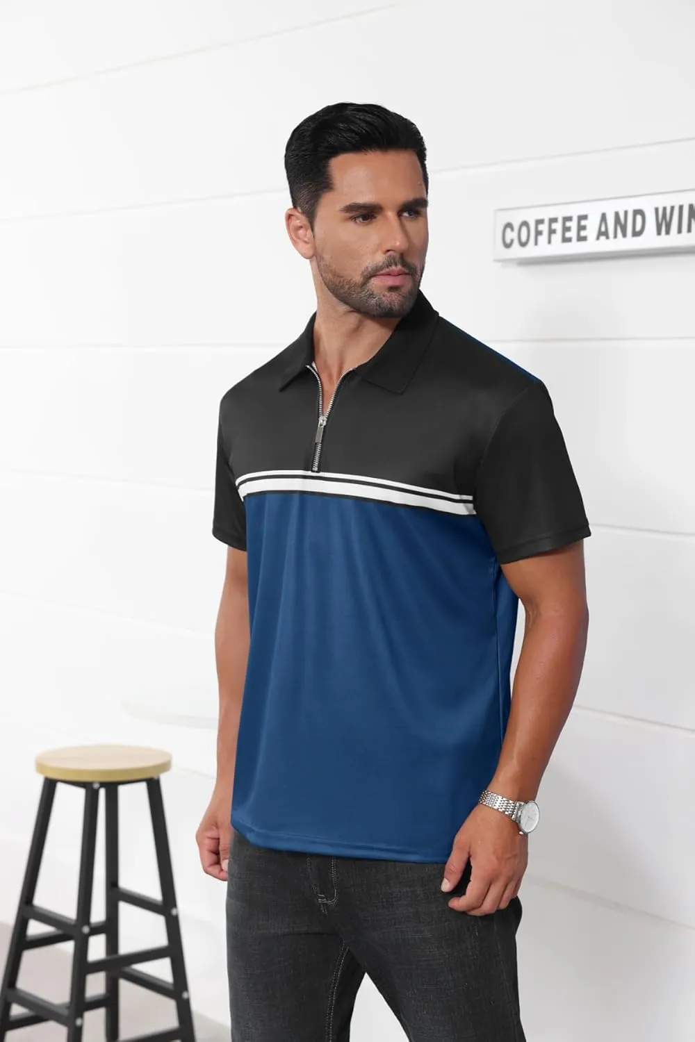 Mens Fashion Color Block Polo Shirts Casual Short Sleeve T Shirt Striped Moisture Wicking Golf Shirts Tops