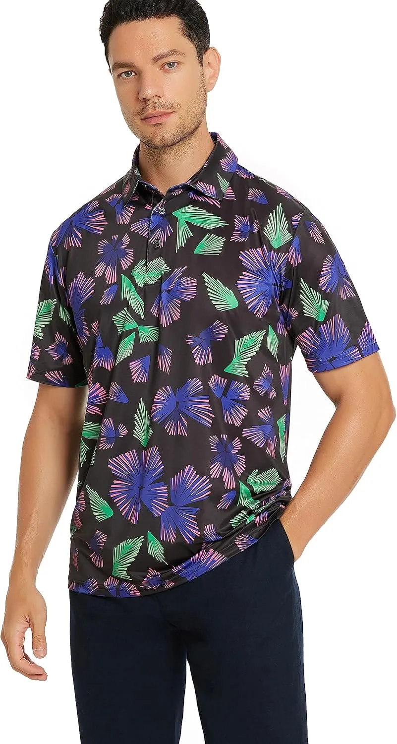 Mens Golf Shirt Short Sleeve Dry Fit Performance Golf shirts for Men Moisture Wicking Print Polo Shirts