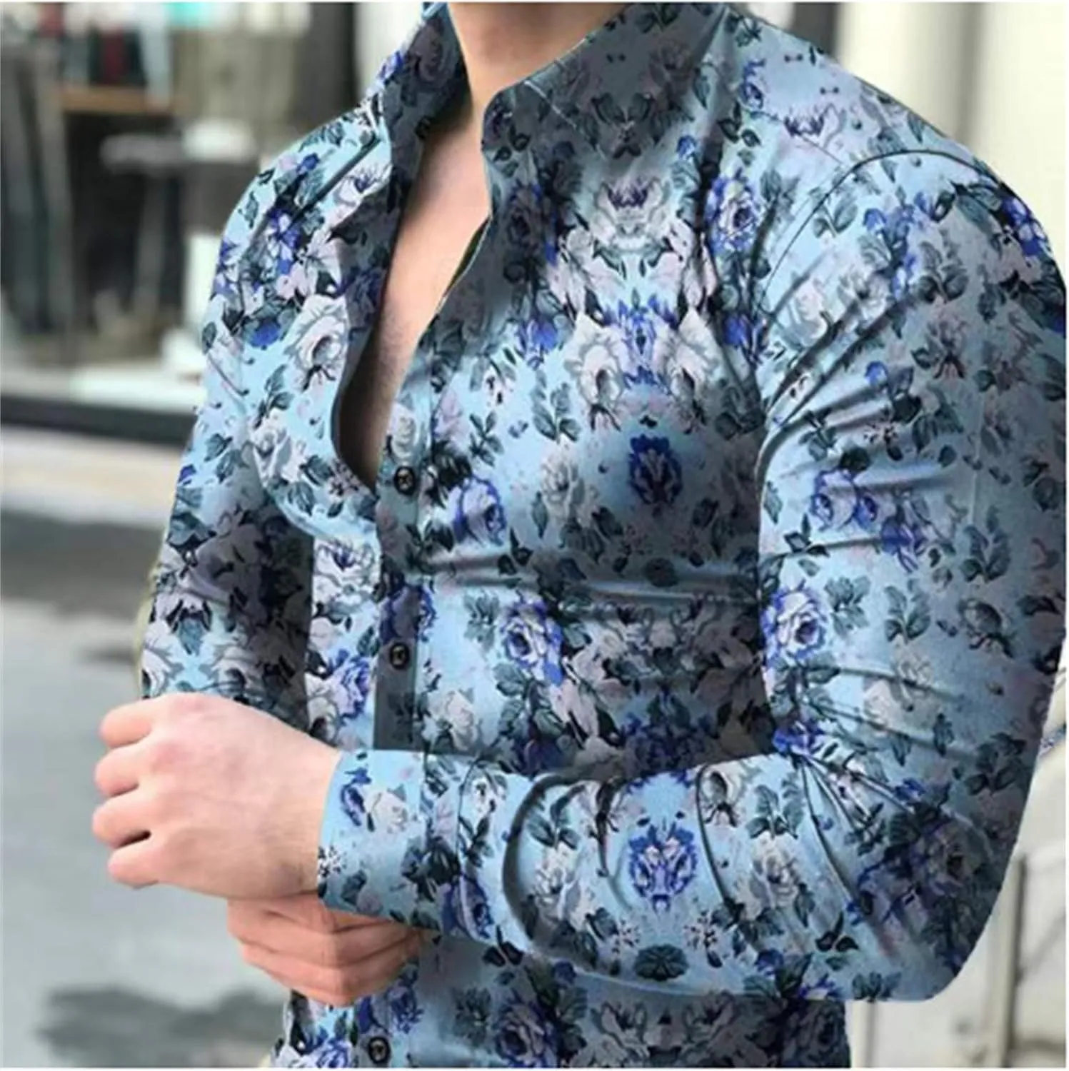 Mens Hawaiian Floral Shirts Slim Fit Long Sleeve Printed Dress Shirt Button Down Tropical Holiday Beach Shirts