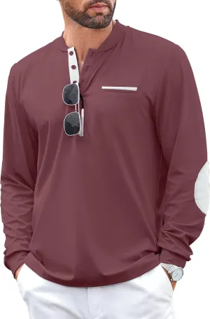 Men's Henley Golf Shirts Long Sleeve Collarless Golf Shirt Casual Moisture Wicking Quick Dry Shirts with Pocket
