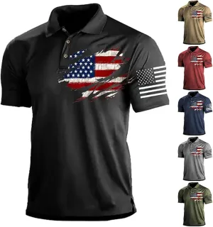 Men's Independence Day American Flag Print Polo Shirt Short Sleeve Golf Shirt USA Flag Button Up 4th of July Tops