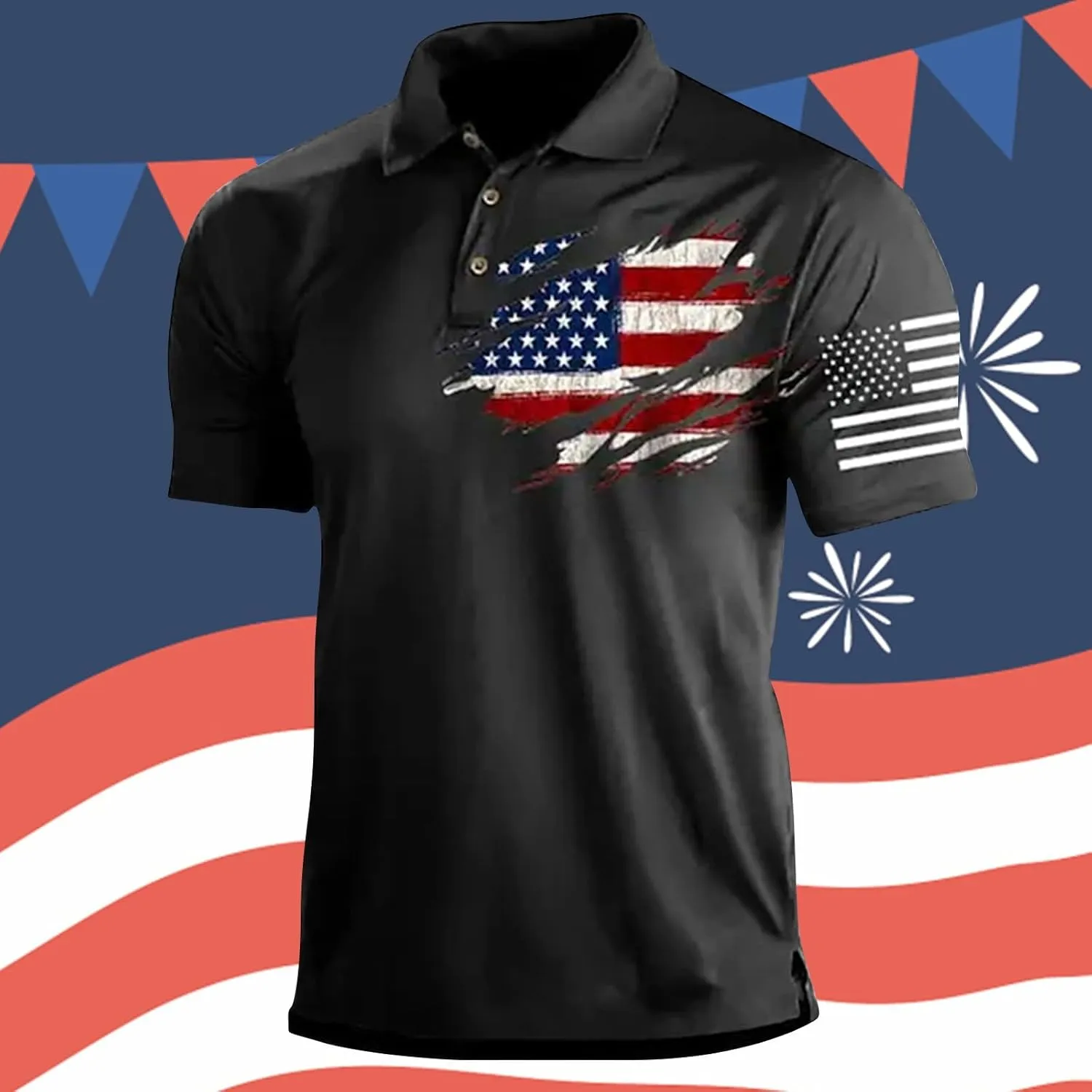 Men's Independence Day American Flag Print Polo Shirt Short Sleeve Golf Shirt USA Flag Button Up 4th of July Tops