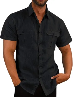 Mens Linen Cotton Shirts Button Down Short Sleeve Summer Clothes Trendy Outfits Casual Beach Dress Shirt Business