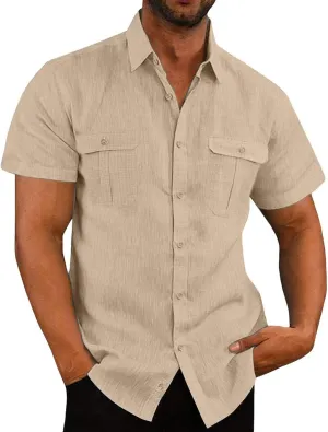 Mens Linen Cotton Shirts Button Down Short Sleeve Summer Clothes Trendy Outfits Casual Beach Dress Shirt Business