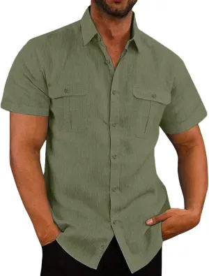 Mens Linen Cotton Shirts Button Down Short Sleeve Summer Clothes Trendy Outfits Casual Beach Dress Shirt Business