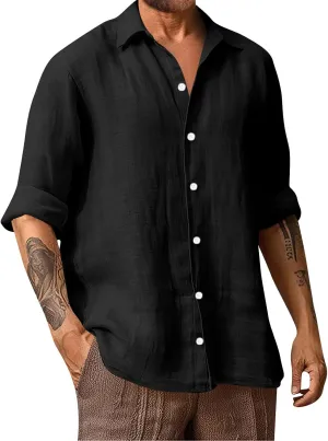 Men's Linen Dress Shirt Regular Fit Stretch Long Sleeve Solid Business Wedding Button Down Stretch Shirts Plus Size