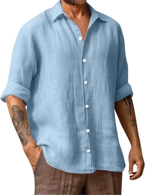 Men's Linen Dress Shirt Regular Fit Stretch Long Sleeve Solid Business Wedding Button Down Stretch Shirts Plus Size