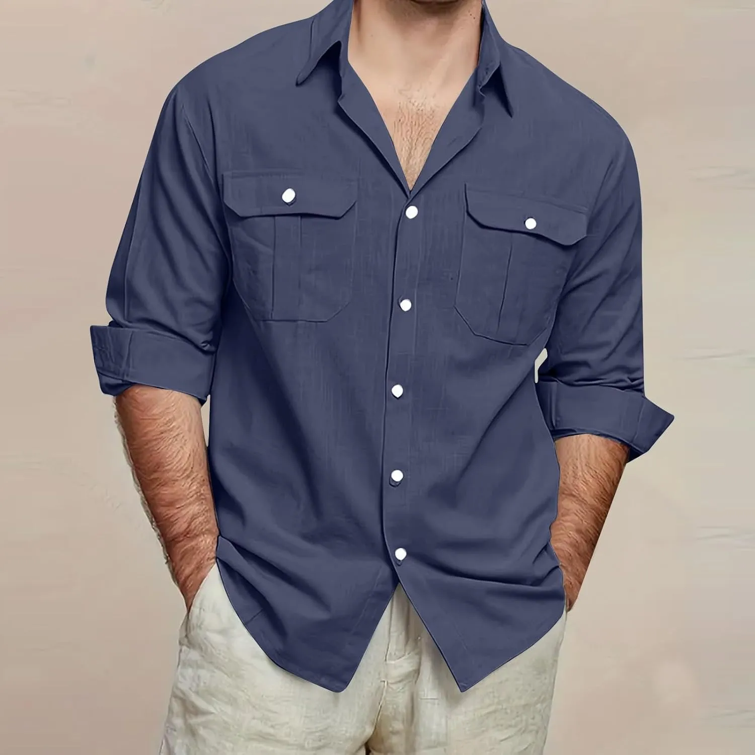 Mens Linen Shirt Casual Button Down Long Sleeve Trendy Business Tops with Pockets Solid Color Basic Lapel Shirt 2025