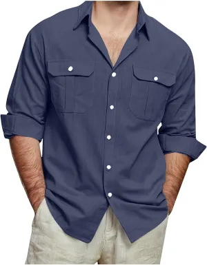 Mens Linen Shirt Casual Button Down Long Sleeve Trendy Business Tops with Pockets Solid Color Basic Lapel Shirt 2025