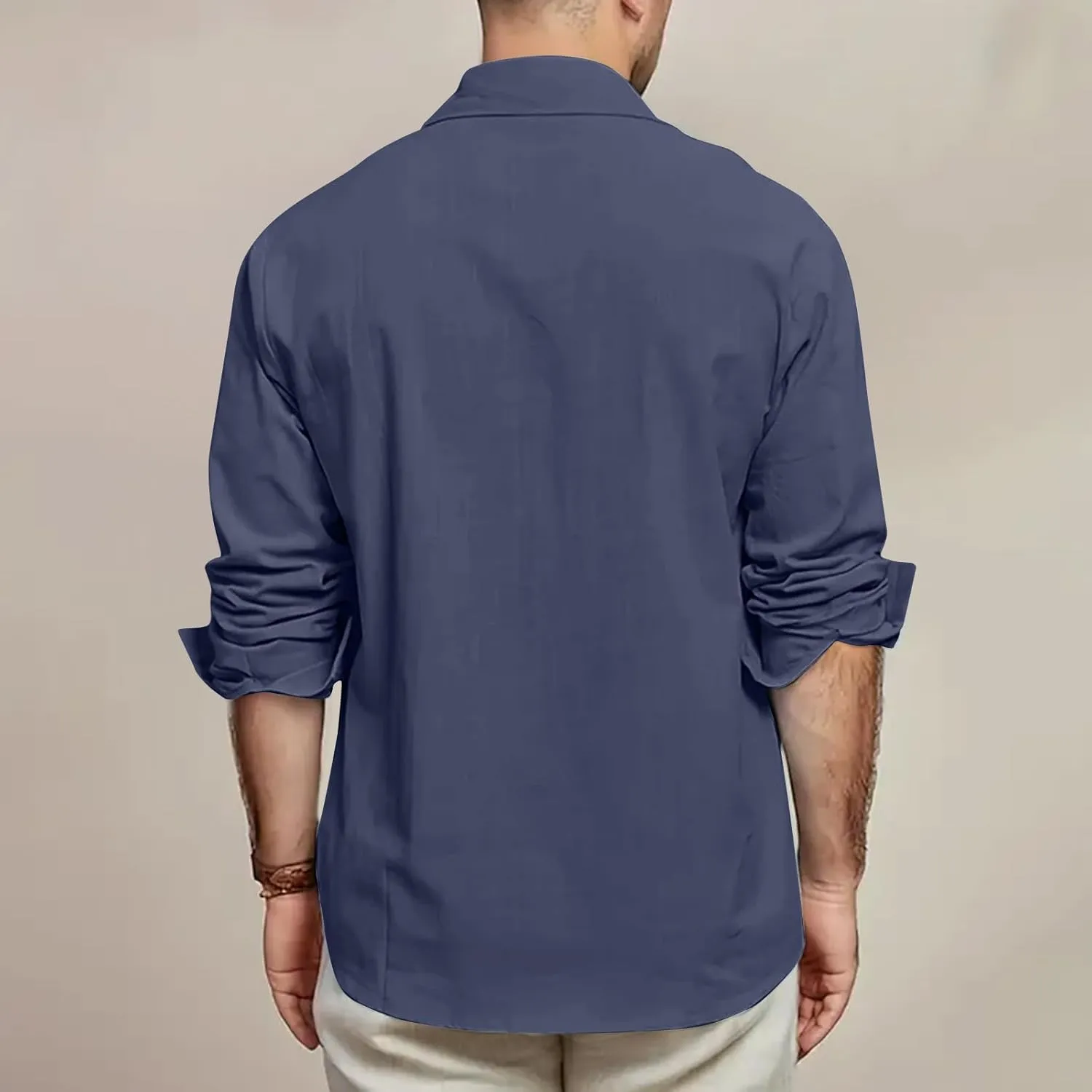 Mens Linen Shirt Casual Button Down Long Sleeve Trendy Business Tops with Pockets Solid Color Basic Lapel Shirt 2025