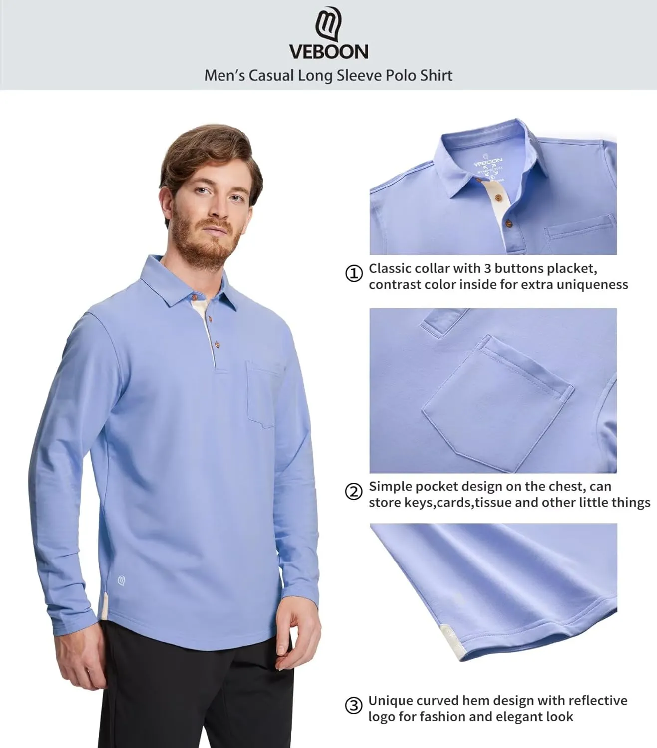 Mens Long and Short Sleeve Polo Shirts Pocket Casual Solid Cotton Blend Drop Cut Collared Polo Shirts for Men