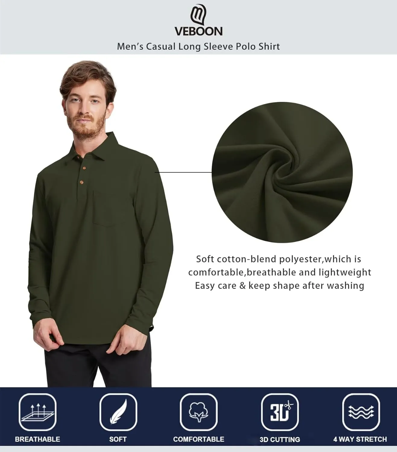 Mens Long and Short Sleeve Polo Shirts Pocket Casual Solid Cotton Blend Drop Cut Collared Polo Shirts for Men