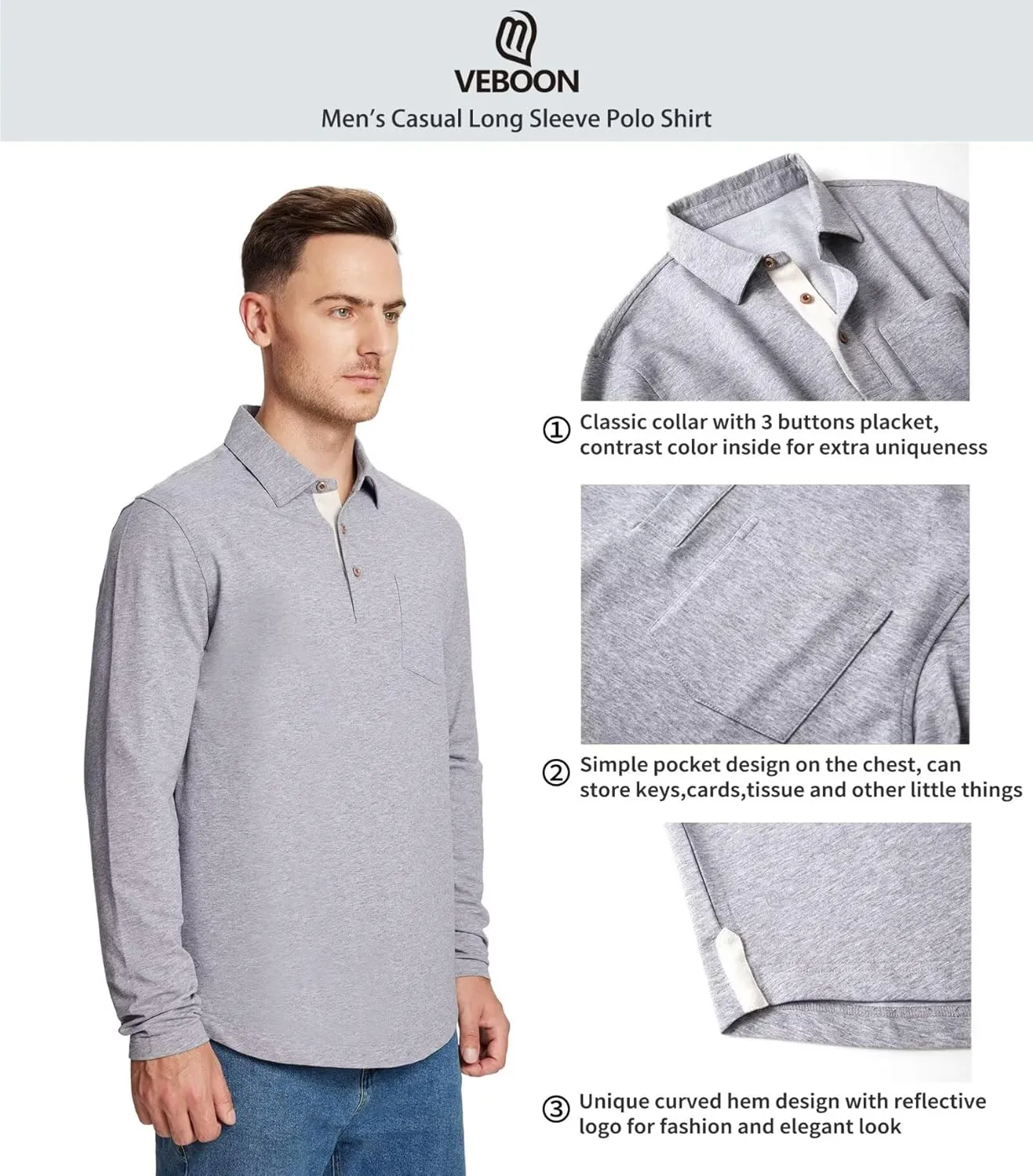 Mens Long and Short Sleeve Polo Shirts Pocket Casual Solid Cotton Blend Drop Cut Collared Polo Shirts for Men