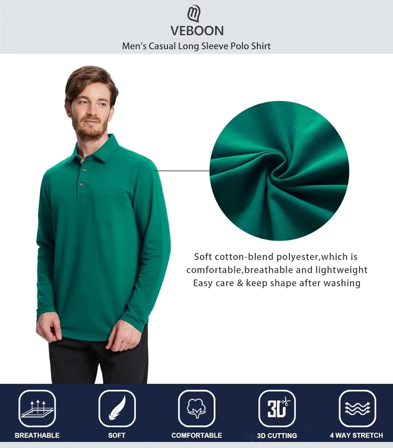 Mens Long and Short Sleeve Polo Shirts Pocket Casual Solid Cotton Blend Drop Cut Collared Polo Shirts for Men