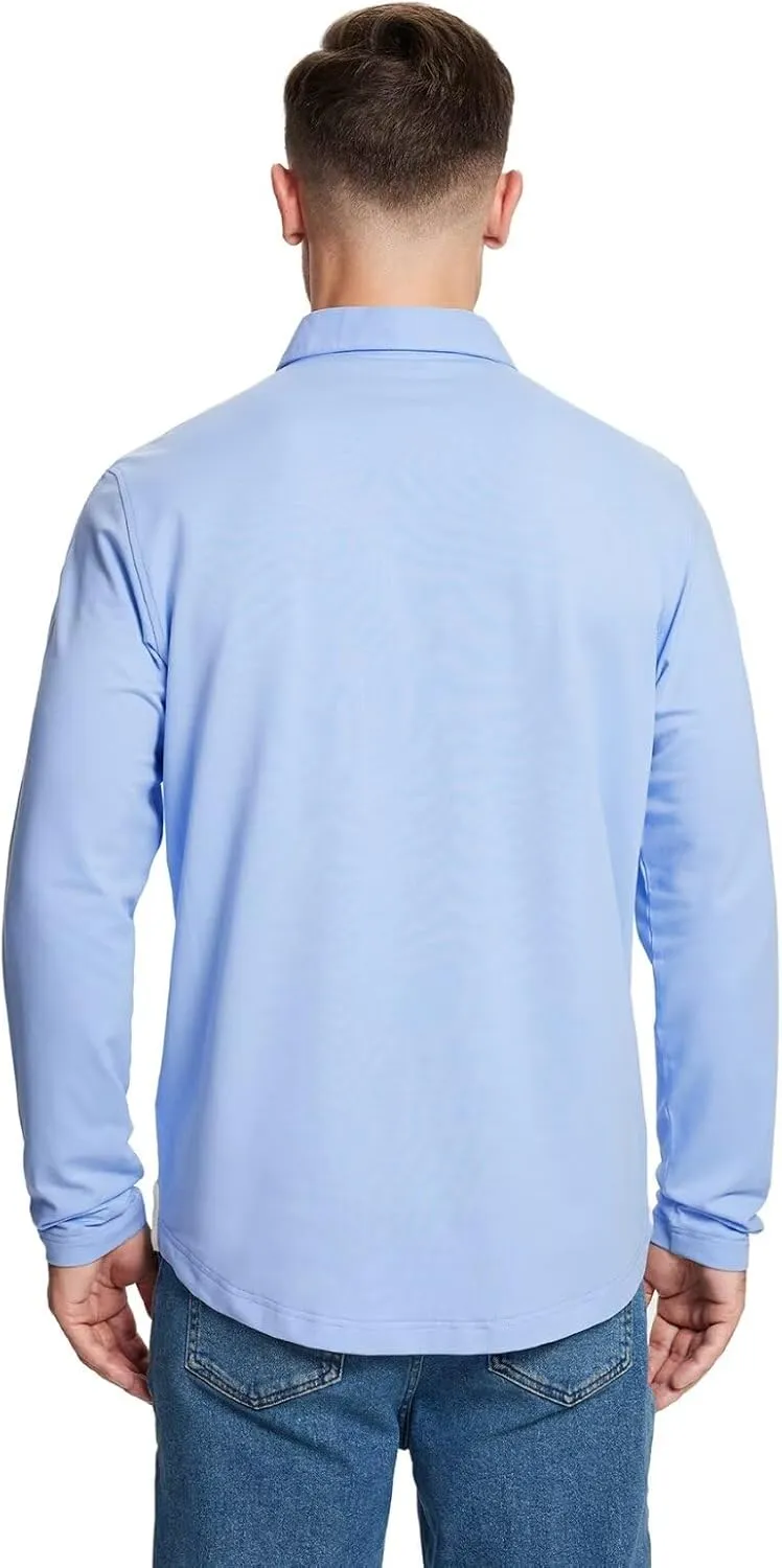 Mens Long and Short Sleeve Polo Shirts Pocket Casual Solid Cotton Blend Drop Cut Collared Polo Shirts for Men
