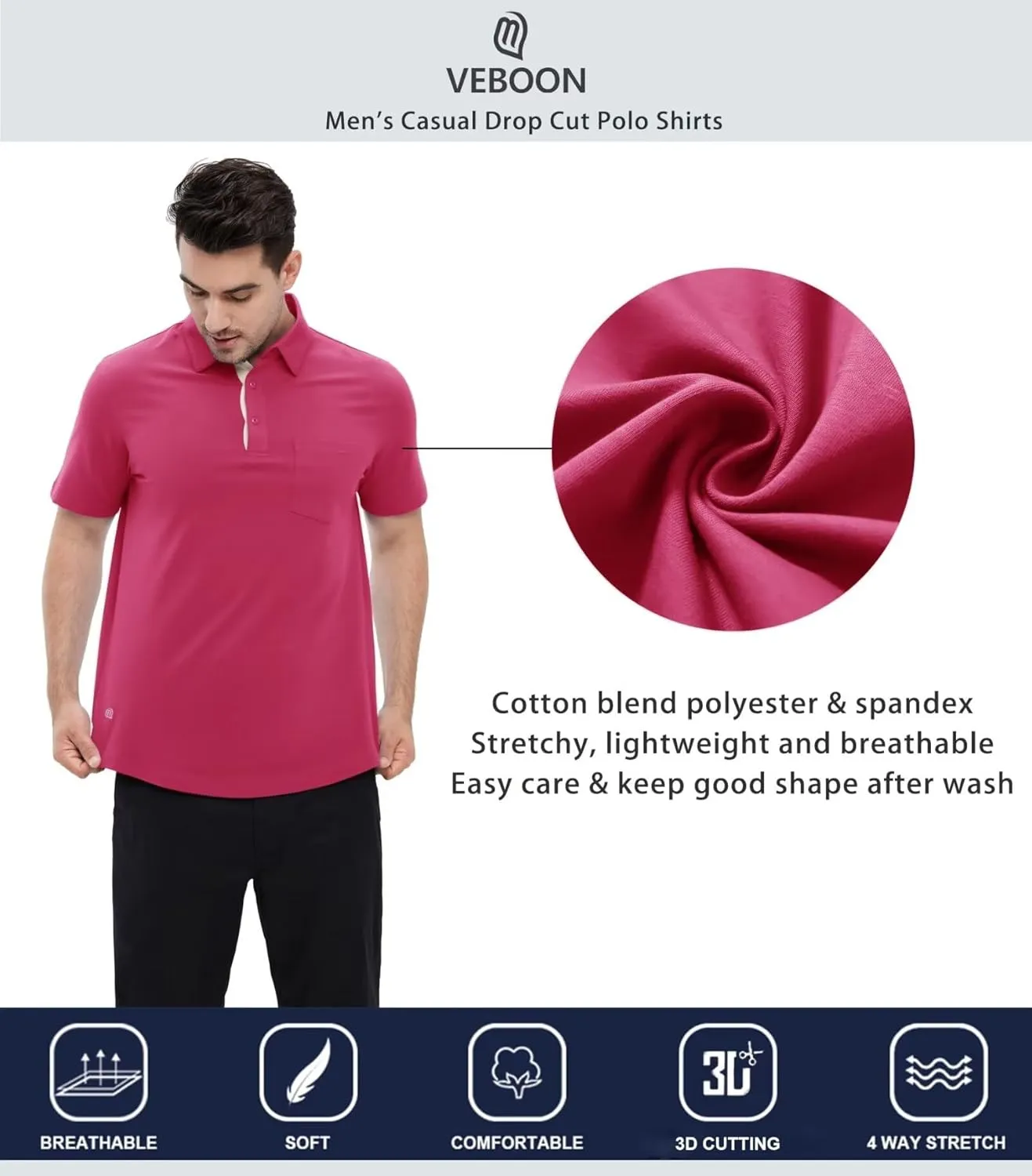 Mens Long and Short Sleeve Polo Shirts Pocket Casual Solid Cotton Blend Drop Cut Collared Polo Shirts for Men