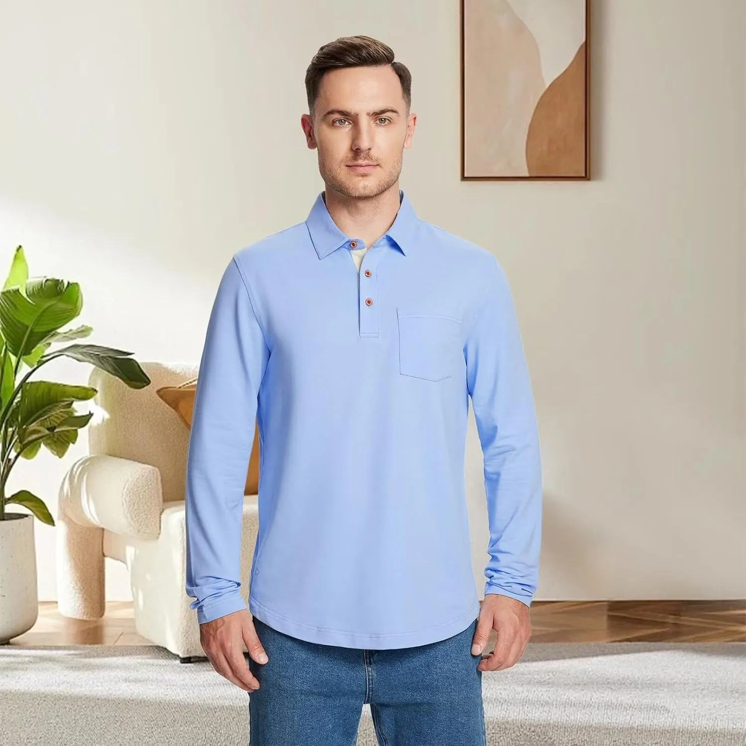 Mens Long and Short Sleeve Polo Shirts Pocket Casual Solid Cotton Blend Drop Cut Collared Polo Shirts for Men