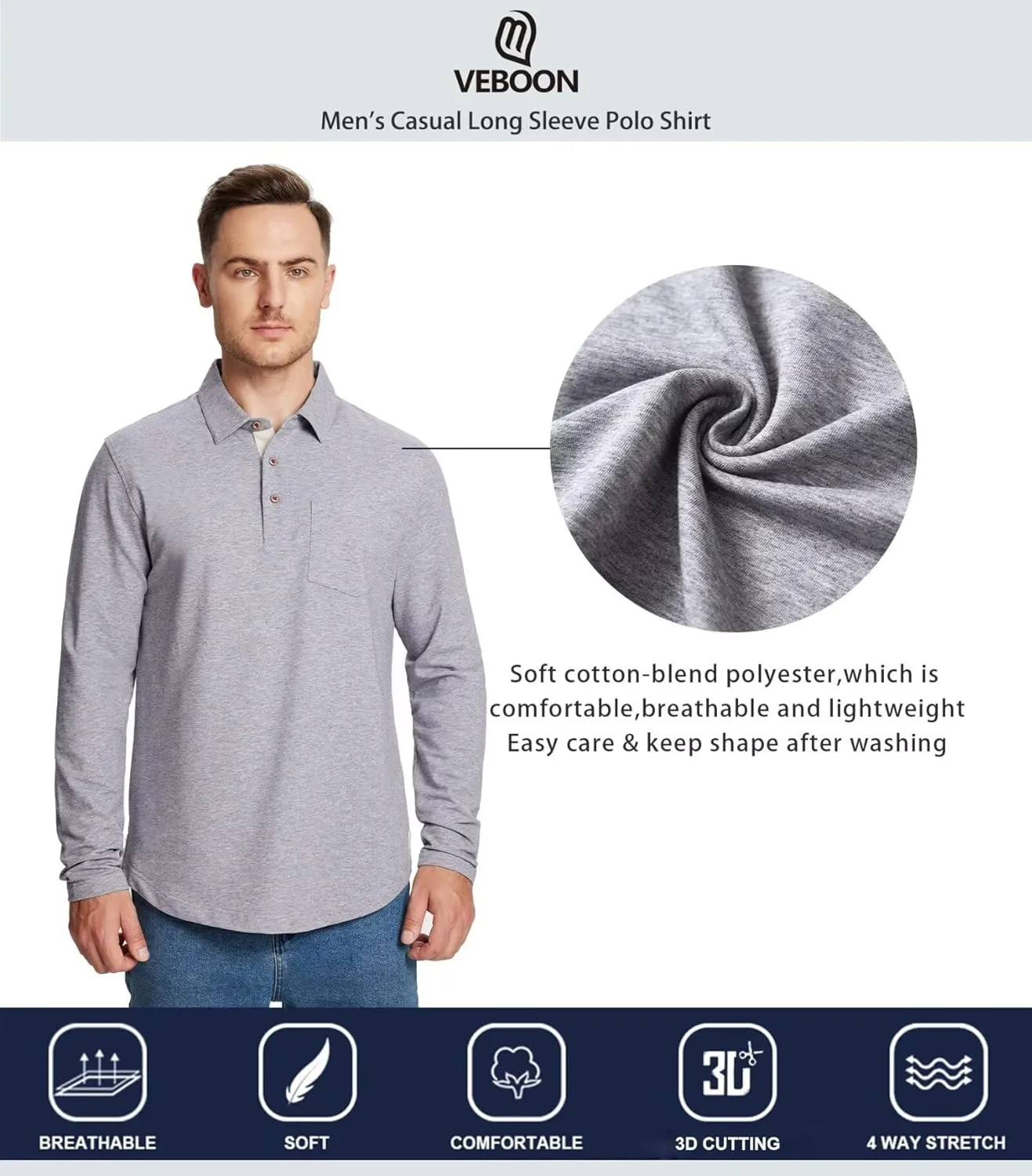 Mens Long and Short Sleeve Polo Shirts Pocket Casual Solid Cotton Blend Drop Cut Collared Polo Shirts for Men