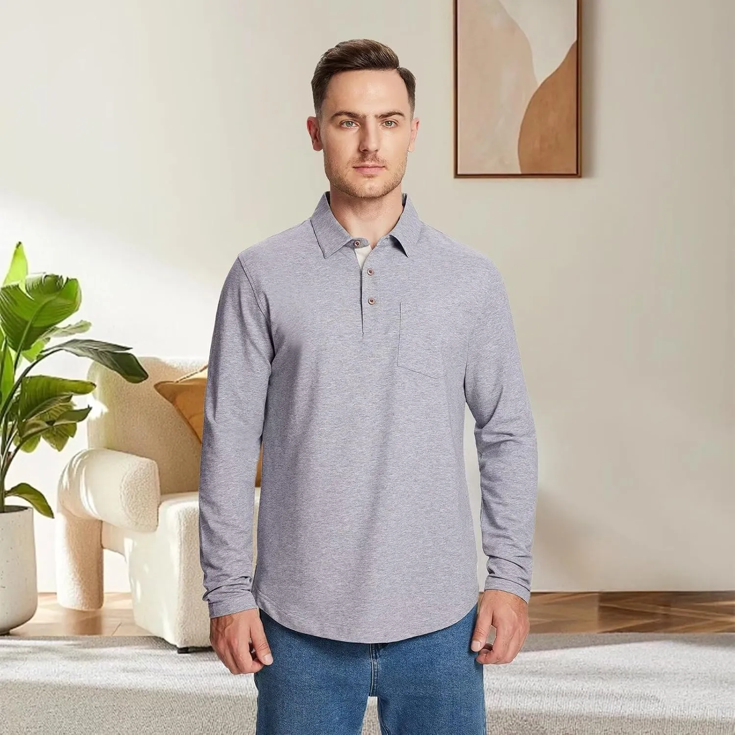 Mens Long and Short Sleeve Polo Shirts Pocket Casual Solid Cotton Blend Drop Cut Collared Polo Shirts for Men