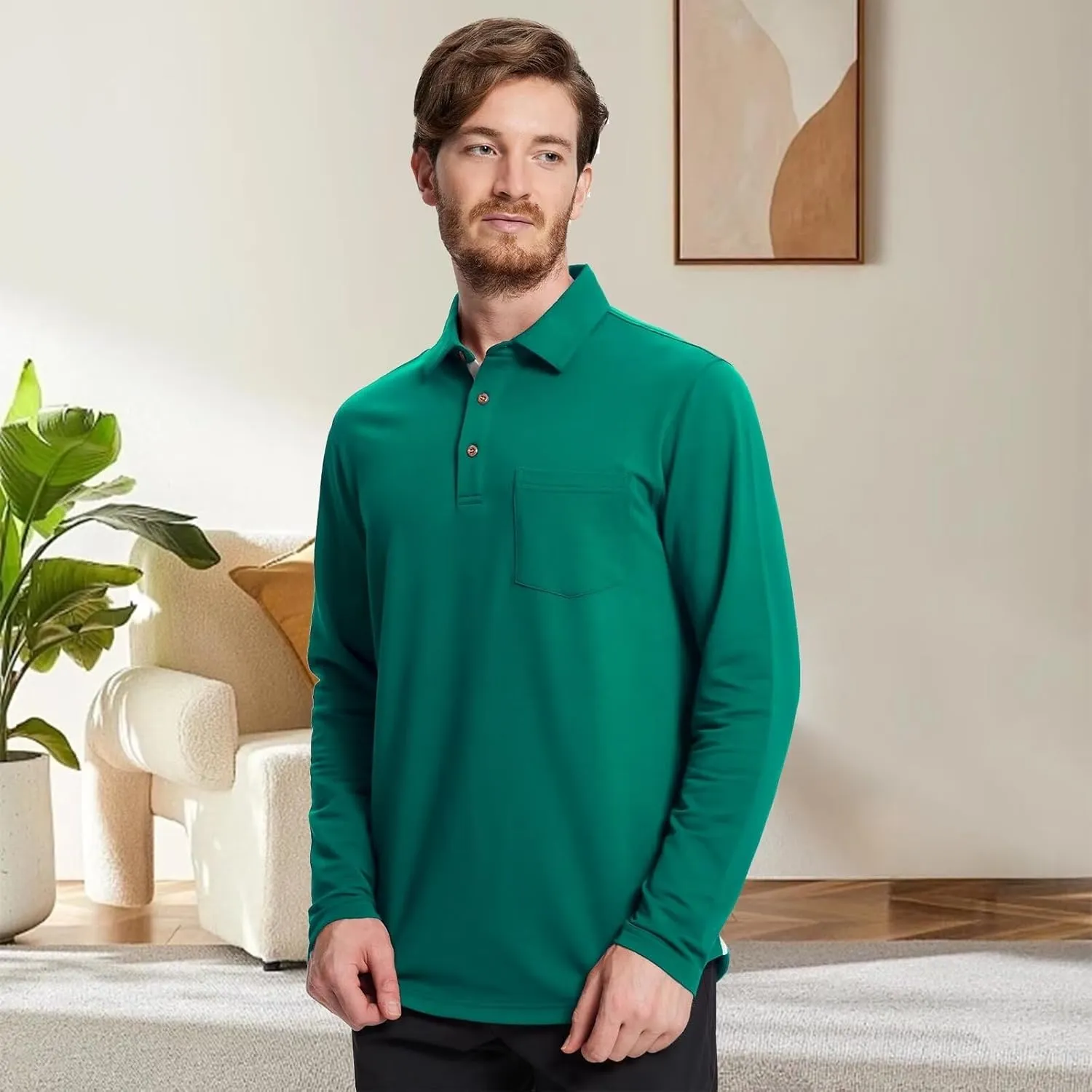 Mens Long and Short Sleeve Polo Shirts Pocket Casual Solid Cotton Blend Drop Cut Collared Polo Shirts for Men