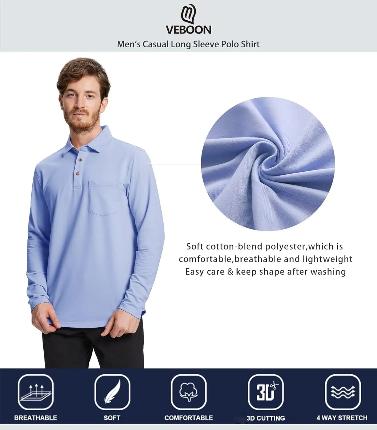 Mens Long and Short Sleeve Polo Shirts Pocket Casual Solid Cotton Blend Drop Cut Collared Polo Shirts for Men