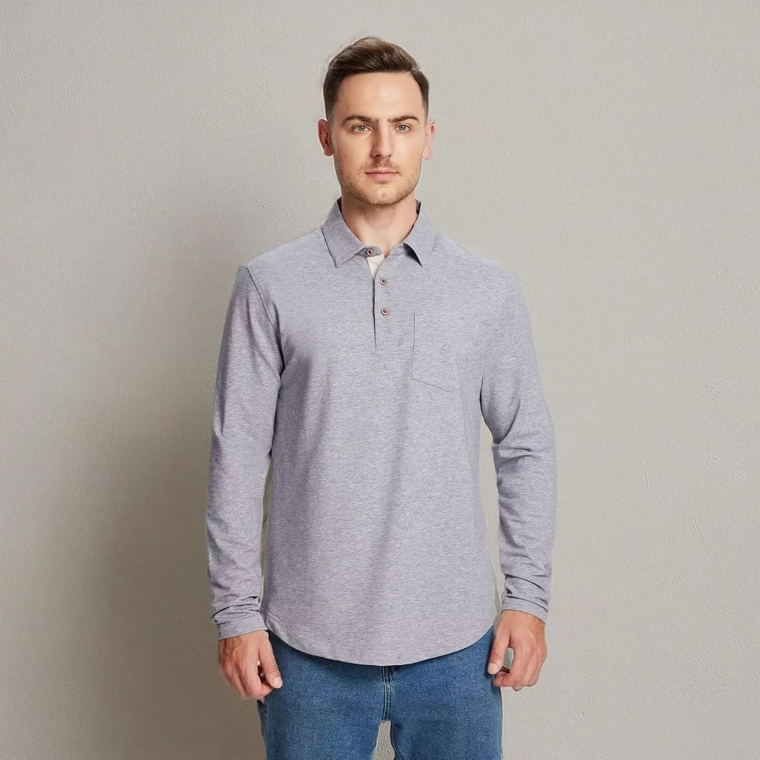 Mens Long and Short Sleeve Polo Shirts Pocket Casual Solid Cotton Blend Drop Cut Collared Polo Shirts for Men