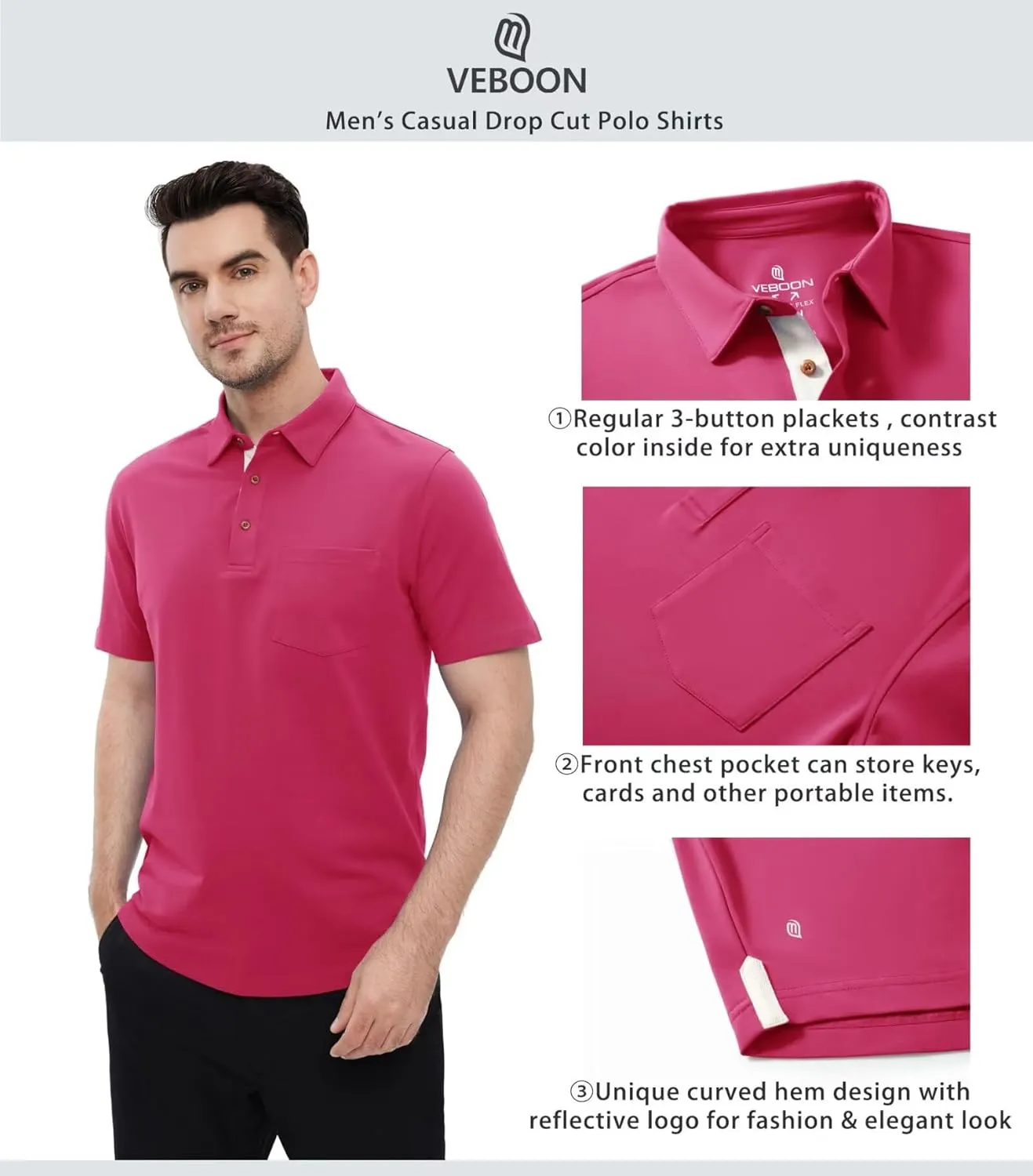 Mens Long and Short Sleeve Polo Shirts Pocket Casual Solid Cotton Blend Drop Cut Collared Polo Shirts for Men