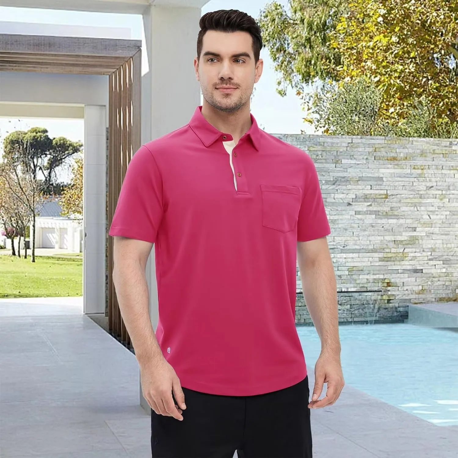 Mens Long and Short Sleeve Polo Shirts Pocket Casual Solid Cotton Blend Drop Cut Collared Polo Shirts for Men