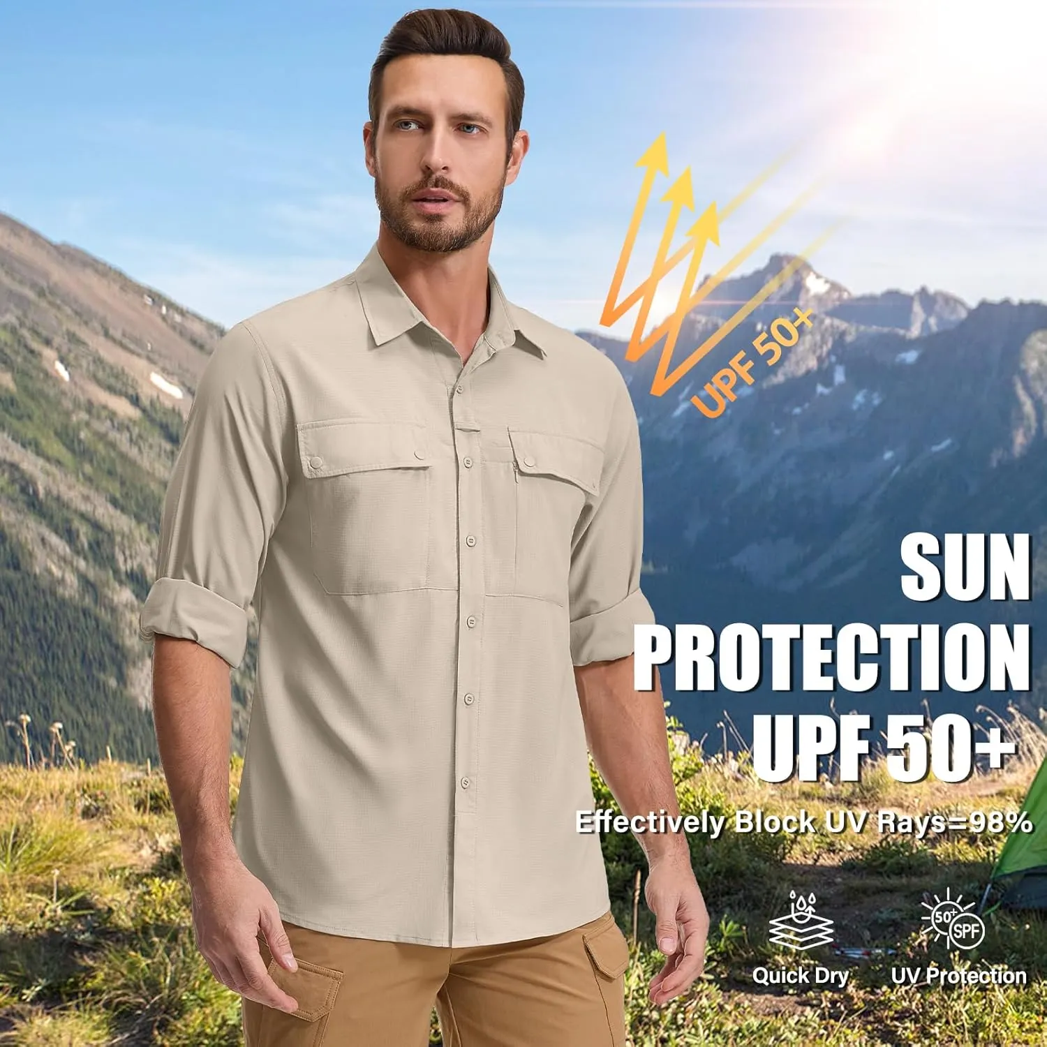 Men's Long Sleeve Hiking Fishing Shirts UPF 50  Sun Protection Quick Dry Shirts Outdoor Travel Safari Camping
