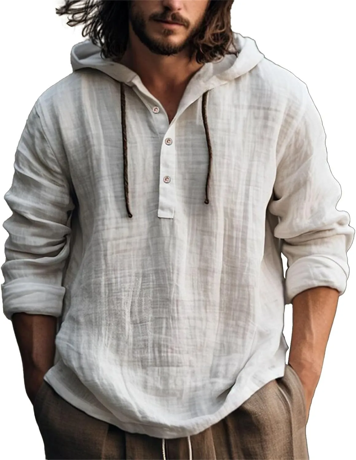 Mens Long Sleeve Linen Hippie Shirts with Hood V Neck Button Up Hooded Sweatshirts Casual Hawaiian Beach Yoga Shirts