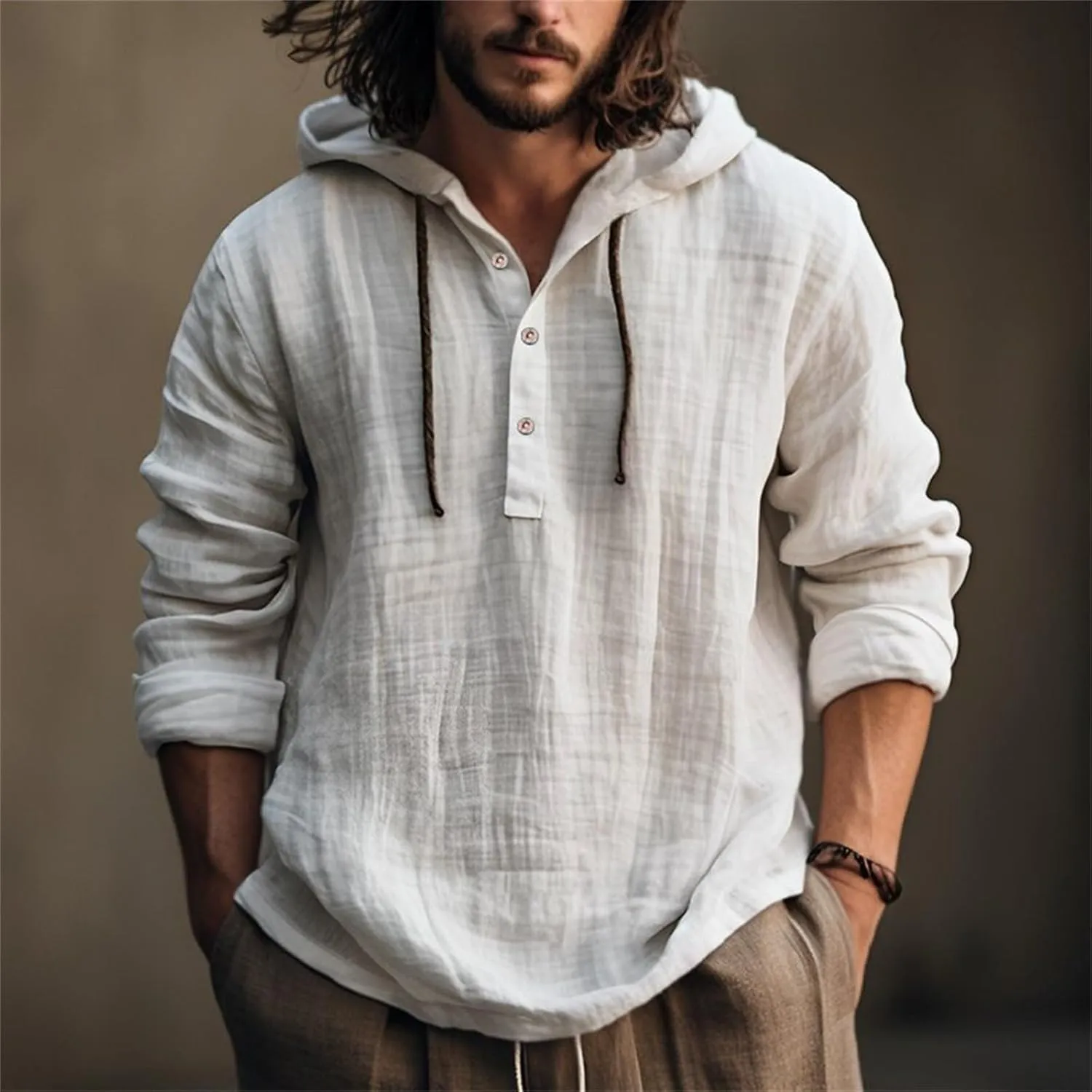 Mens Long Sleeve Linen Hippie Shirts with Hood V Neck Button Up Hooded Sweatshirts Casual Hawaiian Beach Yoga Shirts