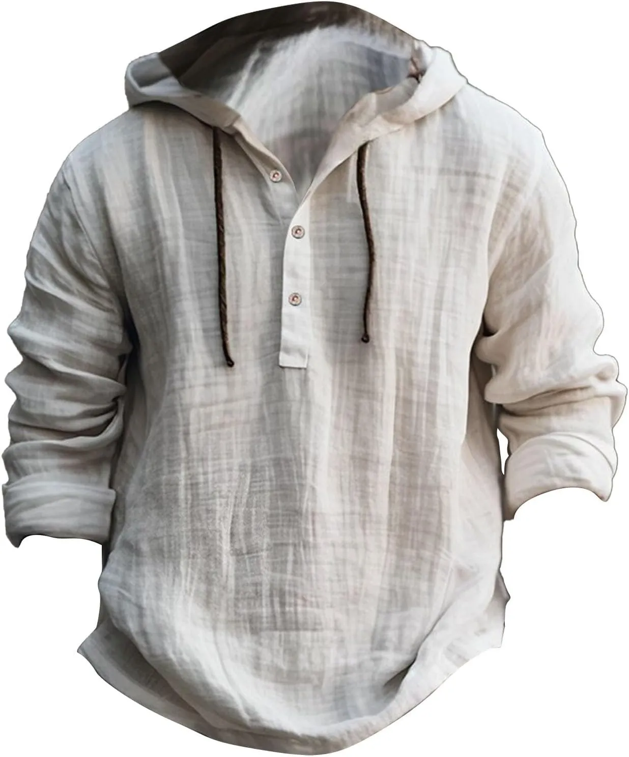 Mens Long Sleeve Linen Hippie Shirts with Hood V Neck Button Up Hooded Sweatshirts Casual Hawaiian Beach Yoga Shirts
