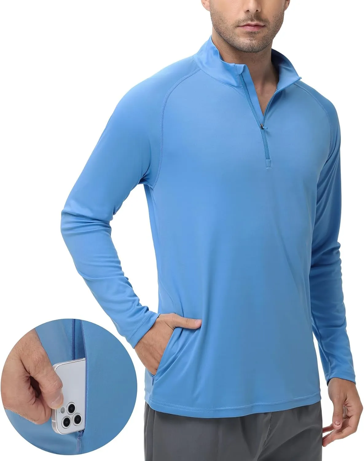 Men's Long Sleeve Sun Shirts UPF 50  1/4 Zip Fishing Running Rash Guard Tee Shirts UV Protection Hiking Outdoor Shirt