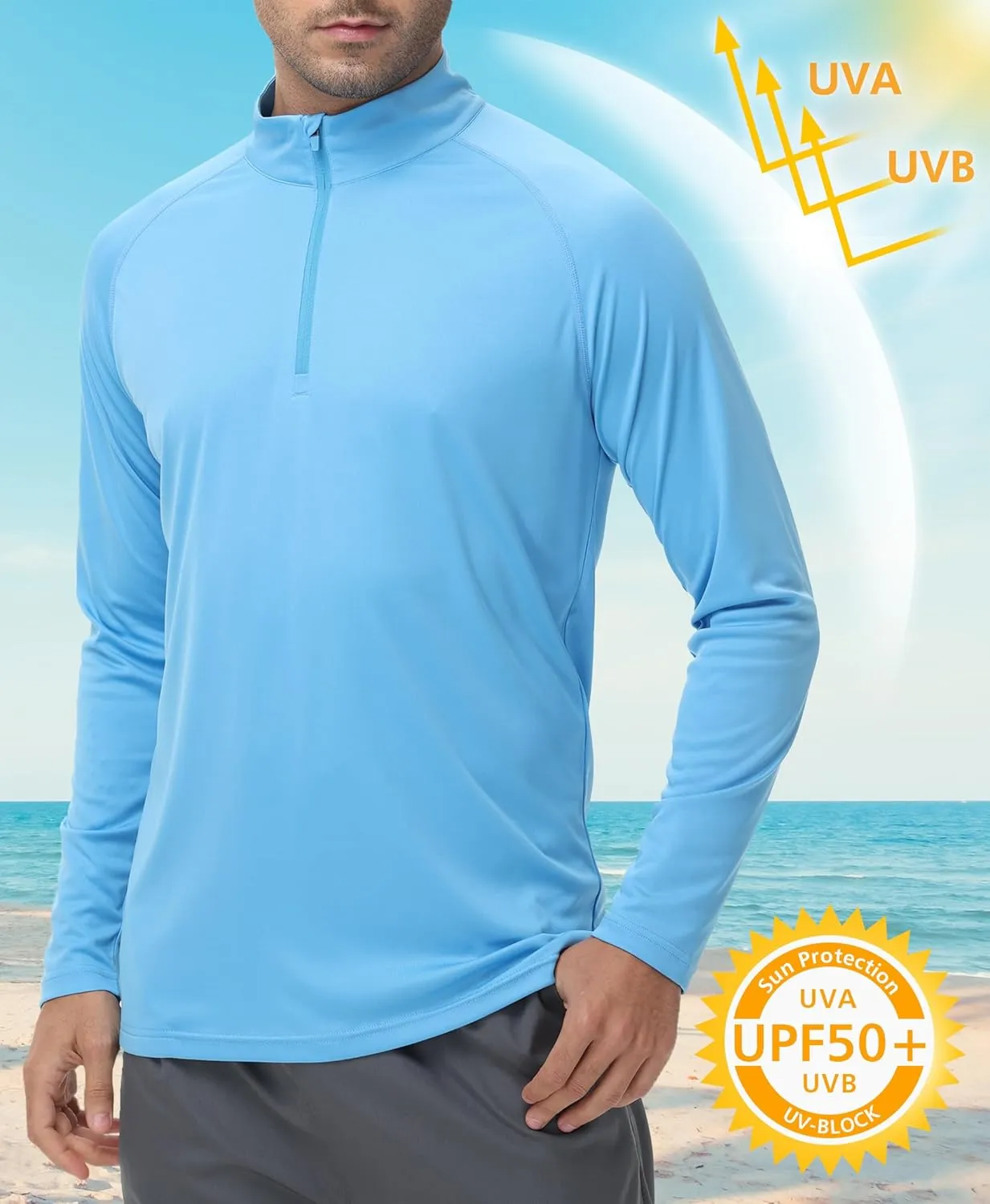 Men's Long Sleeve Sun Shirts UPF 50  1/4 Zip Fishing Running Rash Guard Tee Shirts UV Protection Hiking Outdoor Shirt