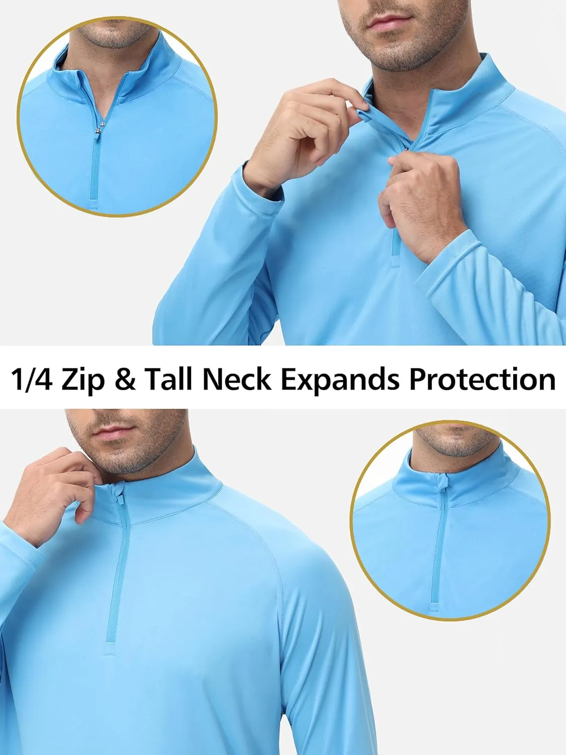 Men's Long Sleeve Sun Shirts UPF 50  1/4 Zip Fishing Running Rash Guard Tee Shirts UV Protection Hiking Outdoor Shirt