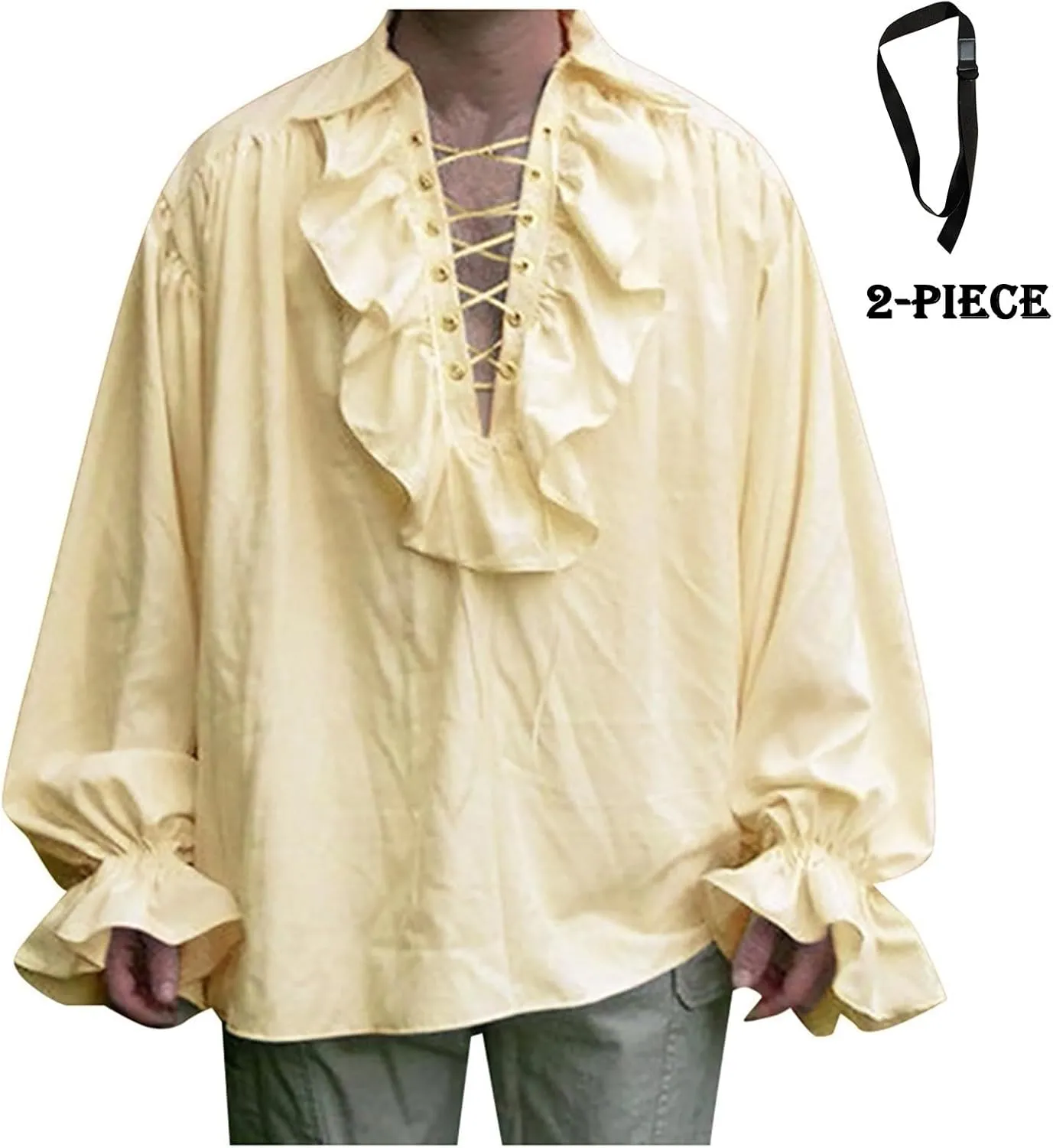 Mens Medieval Pirate Shirts, Steampunk Retro Renaissance Viking Long Sleeve Lace Up Mercenary Halloween Tops